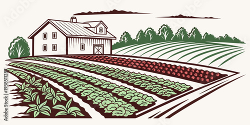A picturesque farm with a large vegetable garden and a cozy house in the background Vector