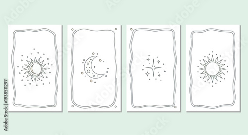 Celestial Tarot Card Backs Design, Sun, Moon, Stars, Esoteric, Mystical, Outline Icons