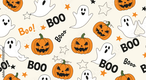 Seamless halloween pattern featuring spooky ghosts jack o lanterns orange stars and bold black boo text on a light beige background.