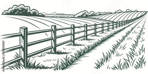A serene countryside scene with a long, winding fence stretching into the distance. Vector