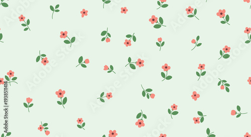 Simple and charming seamless floral pattern with tiny red flowers and green leaves scattered on a soft mint background.