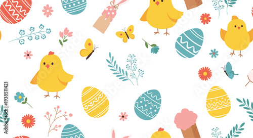 Cheerful seamless easter pattern featuring yellow baby chicks colorful decorated eggs butterflies and spring blossoms.