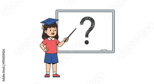 Educational illustration of a young girl in a graduation cap pointing to a large question mark on a clean whiteboard.