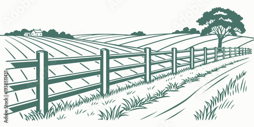 A serene countryside scene with a wooden fence and lush green fields. Vector