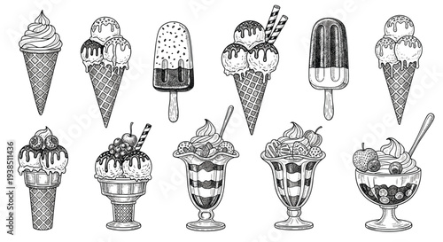 Extensive collection of various ice cream desserts including cones popsicles and sundaes shown in detailed engraving style.