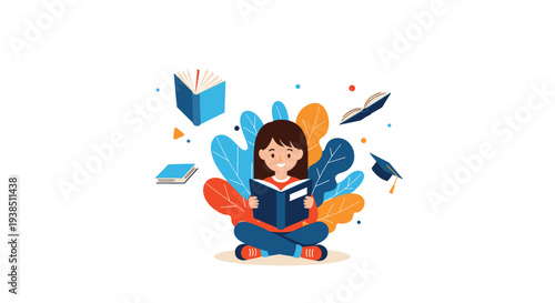 Inspired illustration of a young girl sitting cross legged and reading a book surrounded by leaves and academic symbols.
