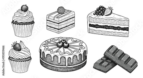 Delicious collection of various desserts including cupcakes layered cakes slices and a chocolate bar in engraving style.