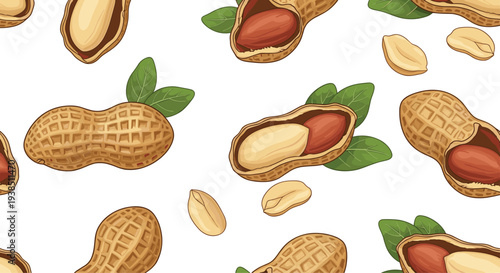 Nutritious seamless pattern of whole and shelled peanuts with green leaves scattered on a bright white background.