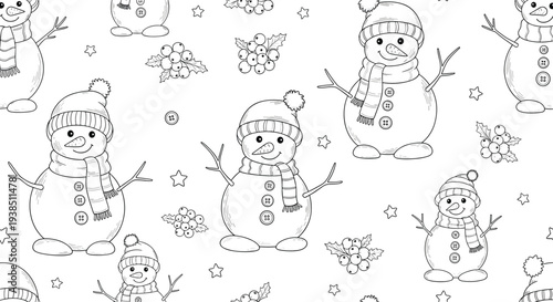 Festive black and white seamless pattern of cute snowmen wearing scarves and hats with holly berries and winter stars.