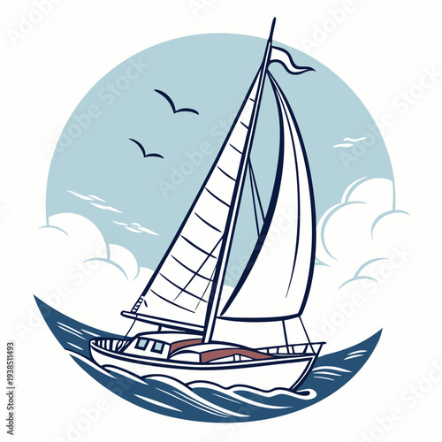 A serene sailboat gliding through calm blue waters under a clear sky. Vector