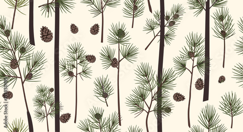 Natural seamless pattern featuring tall pine tree trunks green needle branches and fallen pine cones on a light background.