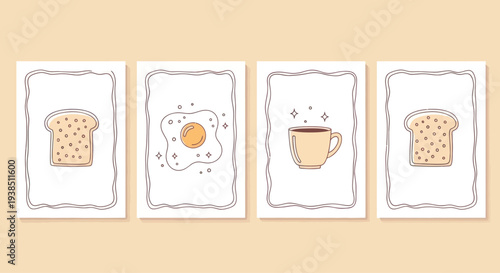 Hand-drawn breakfast illustrations: toast, fried egg, coffee cup on light background