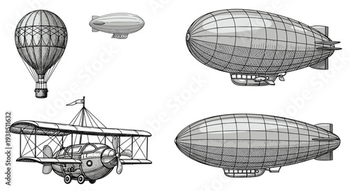 Collection of vintage aviation sketches including a hot air balloon, early airships, and a retro biplane in a classic engraving style.
