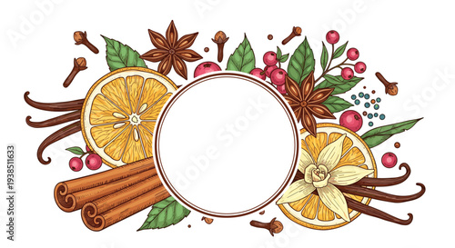 Beautiful circular frame composition of sliced oranges, cinnamon sticks, vanilla beans, star anise, and winter berries on a white background.
