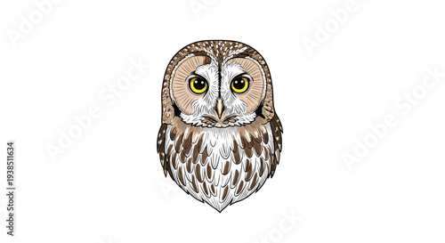 Detailed hand drawn owl head illustration showing expressive eyes and textured feathers in a realistic vintage engraving style.