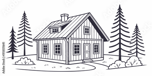 A charming wooden house nestled among tall pine trees in a serene winter landscape Vector