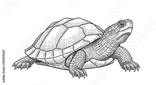 Highly detailed realistic sketch of a turtle showing the intricate textures of its shell and skin in a professional engraving style.