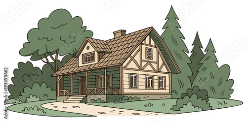 A charming countryside house surrounded by lush greenery and tall trees. Vector