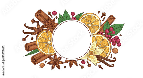 Rich circular frame of aromatic spices and fruits including cinnamon sticks, orange slices, star anise, and vanilla for a warm winter feel.