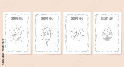 Dessert Menu Cards with Outline Illustrations of Cupcakes, Ice Cream, and Candy