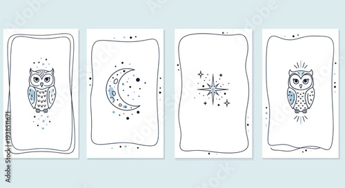 Cute Owl and Celestial Elements Greeting Cards Set