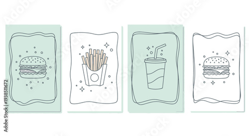 Fast Food Icons: Burger, Fries, Soda - Minimalist Outline Design