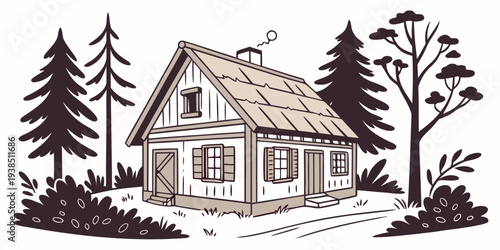 A charming cottage nestled in the woods with a cozy fireplace and rustic details. Vector