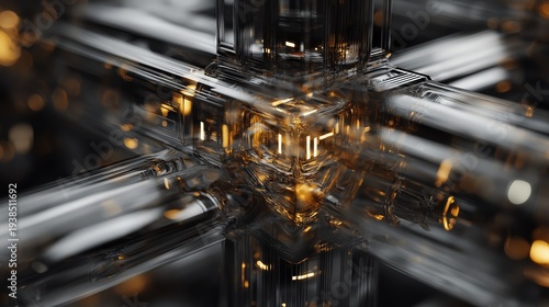 A complex, futuristic glass and metal structure with intersecting transparent rods and glowing amber light reflections.