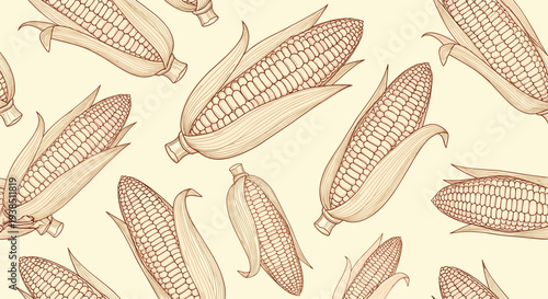 Vintage style seamless pattern of hand drawn corn cobs with husks in a detailed black and white engraving on a beige background.