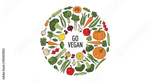 Colorful circular arrangement of fresh vegetables and greens with go vegan text message promotes healthy plant based lifestyle.