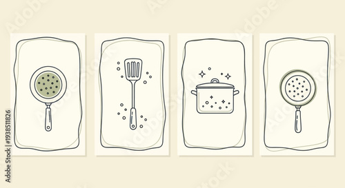 Kitchen Utensils Collection: Frying Pan, Spatula, Cooking Pot - Hand Drawn Style