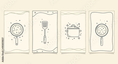 Kitchen Utensils and Cookware Line Art Illustrations on Beige Background
