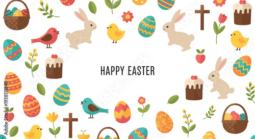 Happy easter greeting card design surrounded by cute bunnies chicks colorful eggs baskets and festive spring symbols.