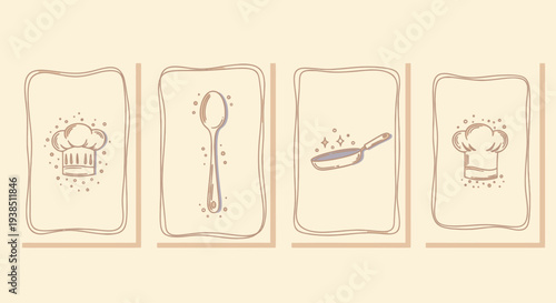 Hand-drawn kitchen icons: chef hats, spoon, and frying pan on cream background