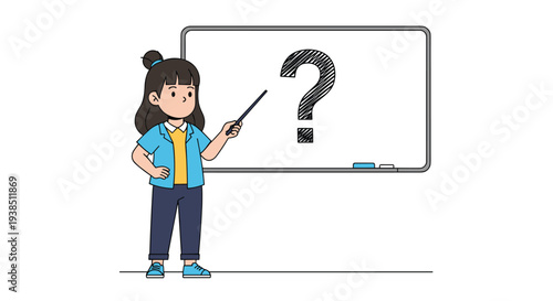 Young school girl holding a pointer and standing next to a whiteboard with a large black question mark drawn on it.