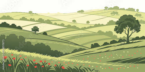 A picturesque landscape of rolling green hills and scattered trees under a clear blue sky Vector