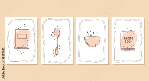 Minimalist Kitchen Art Set: Cookbook, Spoon, Bowl, Recipe Book