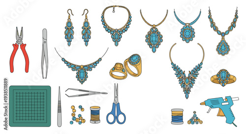 Jewelry making workspace with tools such as pliers and scissors alongside finished necklaces rings and blue gemstone earrings.