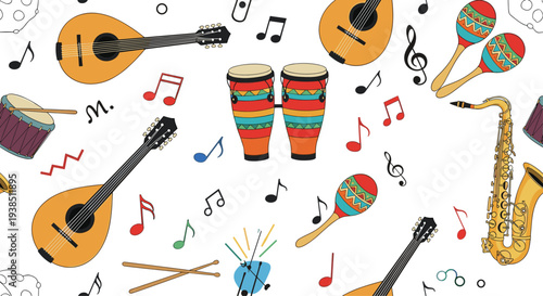 Seamless pattern of colorful musical instruments like guitars drums saxophones and maracas interspersed with playful music notes.