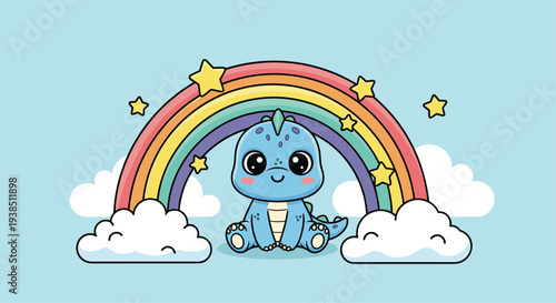 Cute little blue dinosaur sitting peacefully under a bright colorful rainbow with yellow stars and white fluffy clouds.