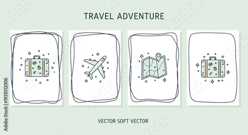 Travel Adventure Icons: Suitcase, Airplane, Map - Doodle Style Vector Art