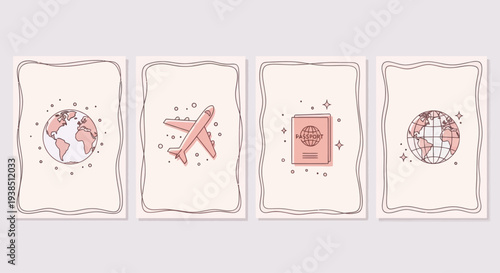 Travel icons: airplane, passport and globe in pastel colors on a light background.