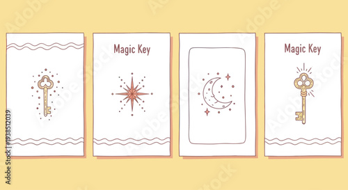 Mystical Magic Key Tarot Cards, Celestial Moon, Starburst, Esoteric Symbols