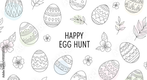 Happy egg hunt greeting with decorative outline eggs and flowers in a whimsical black and white spring pattern.