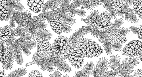 Detailed black and white seamless pattern of pine branches and pine cones in a vintage engraved sketch style.