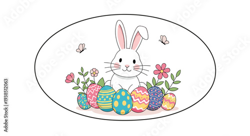 Charming white easter bunny sits among a collection of vibrant patterned eggs and spring flowers in an oval frame.