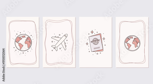 Minimalist Travel Icons: Globe, Airplane, Passport on Pastel Background