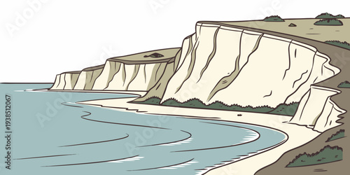 A serene coastal landscape with white cliffs and a calm blue sea under a clear sky. Vector