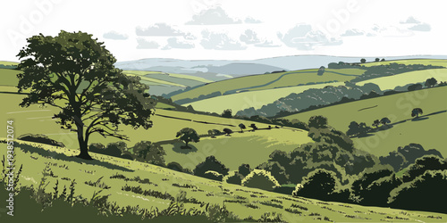 A picturesque landscape of rolling green hills and a solitary tree in the distance Vector