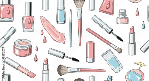 Vibrant seamless pattern of essential beauty products and makeup items like lipstick mascara and brushes on white.